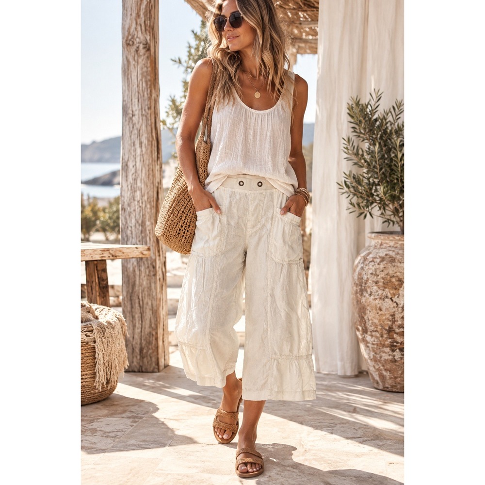 XCVI XS Ivory Linen Crop Pants Wide Leg Boho Coastal Lagenlook Artsy 32x21